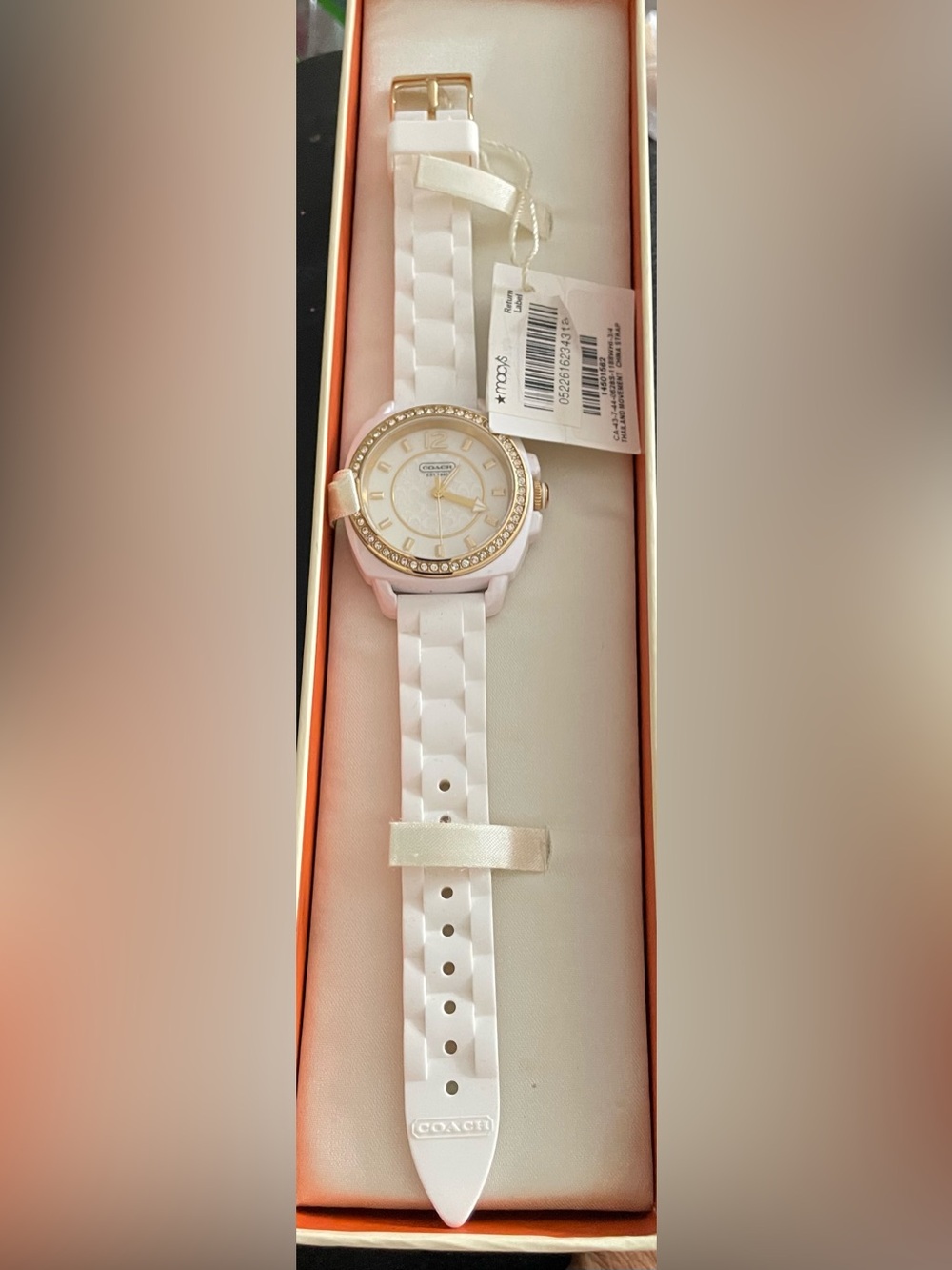 Coach White Watch with Gold-Tone Bezel and Crystal Accents